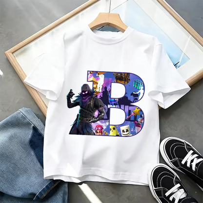 Fortnite A-Z Alphabet Print T Shirt Summer Kids White Clothing Popular Cartoon Game T Shirt Fashion Casual Short Sleeve Top Gift