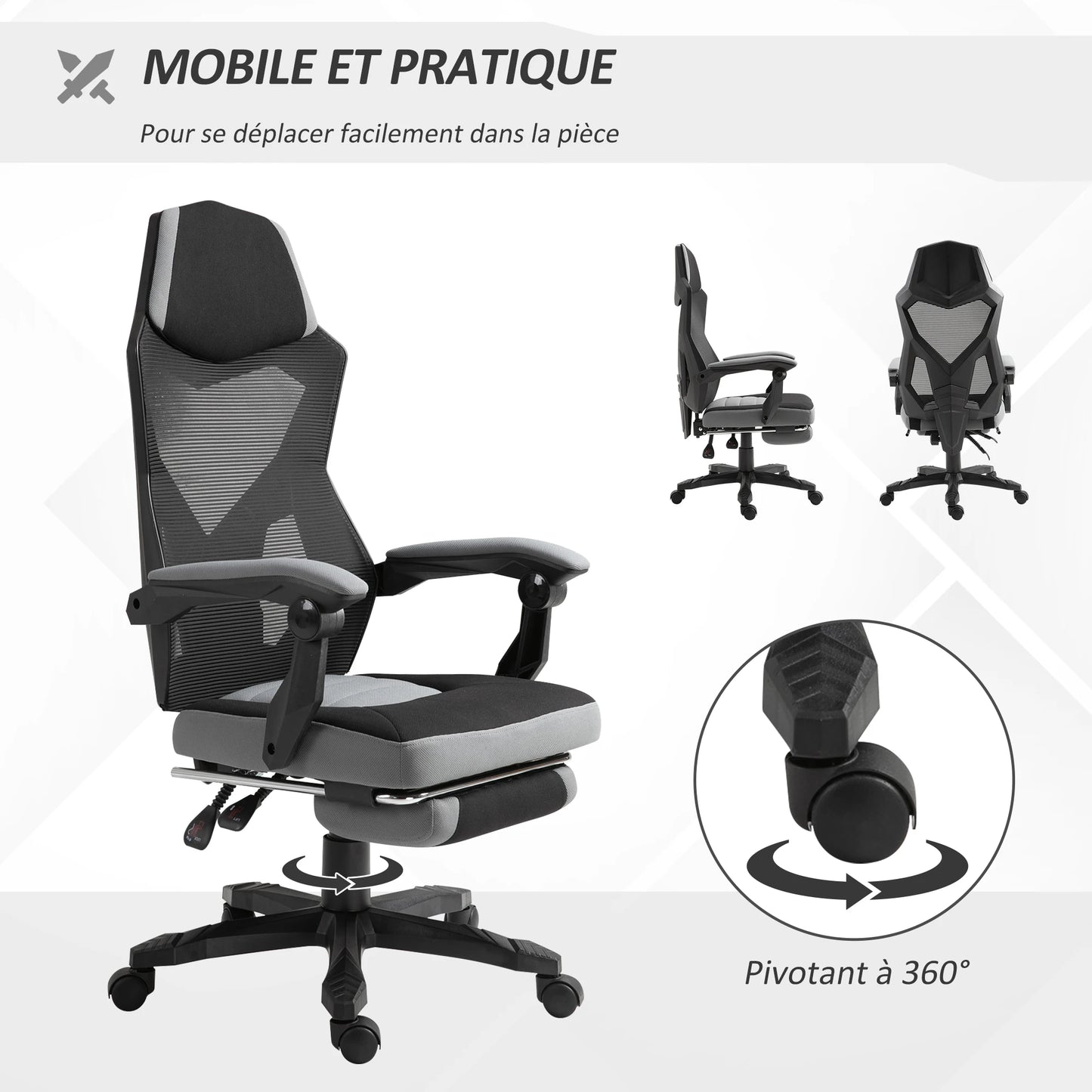 Ergonomic Gaming Office Chair with Footrest, Adjustable Height Swivel Computer Chair, Mesh Reclining Chair with Armrests for Home & Work