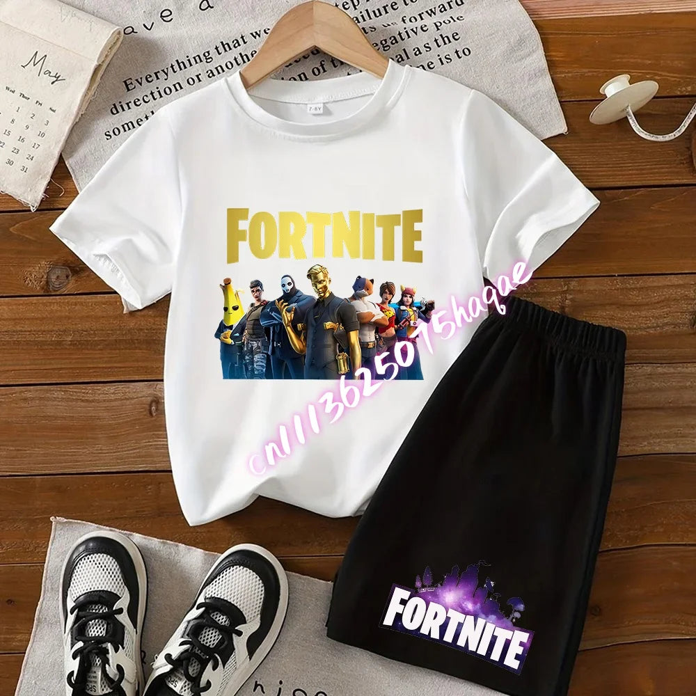 Summer Kids Game Fortnite T-Shirt Suit Anime Short Sleeve Shorts 2 Piece Summer Children Cotton Casual Sportswear Gifts