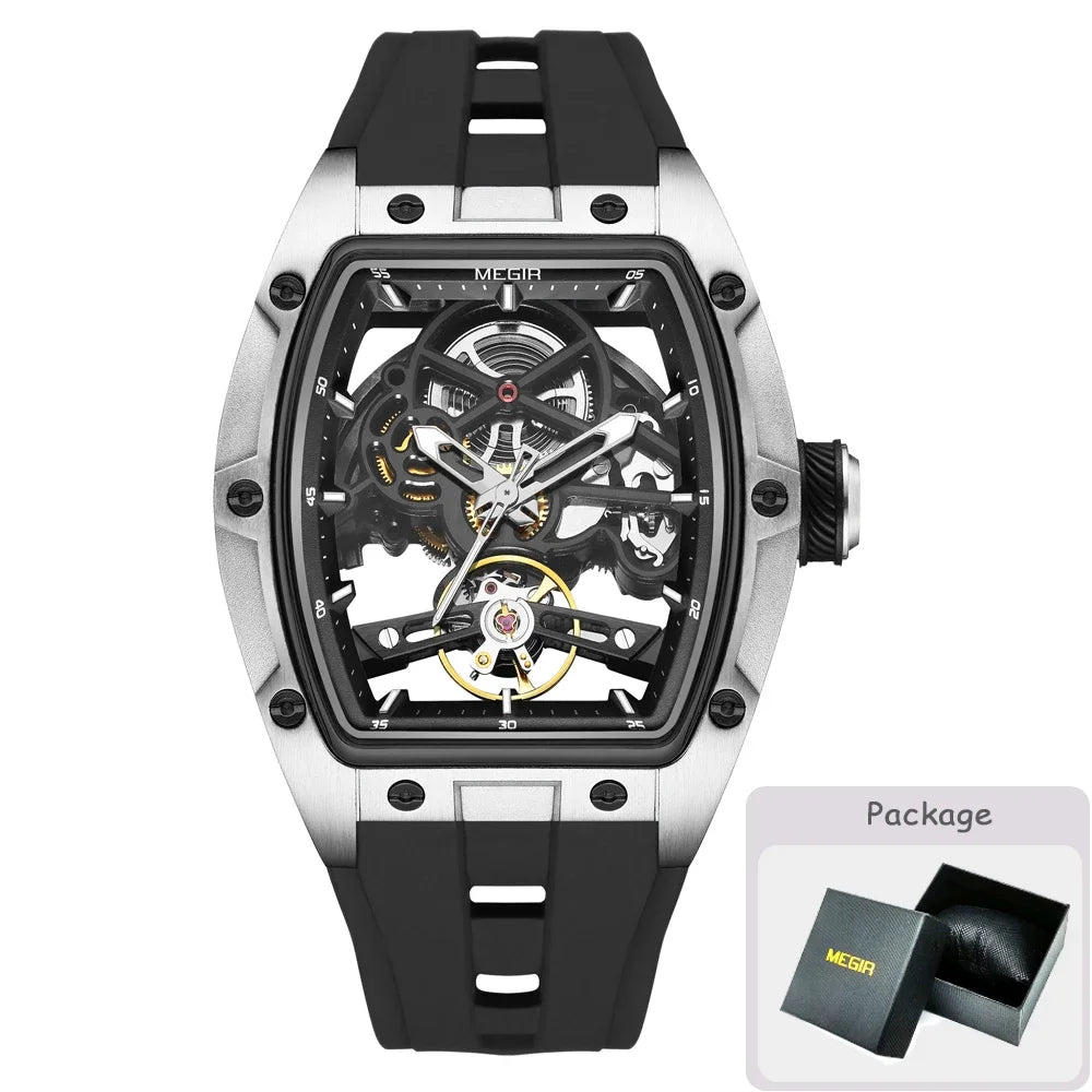 MEGIR Fashion Leisure Alloy Case Men Mechanical Watch Silicone Band Barrel Shaped Dial Luminous Pointer Design Man Wristwatch