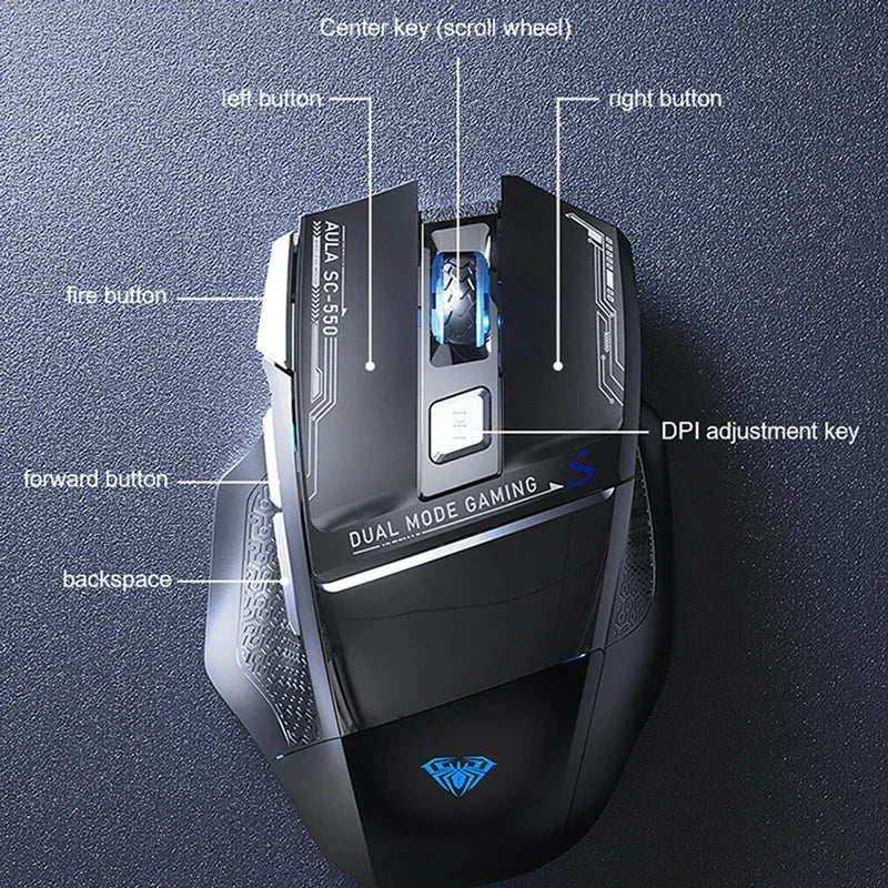 AULA SC550 bežični gaming miš, dvostruki način rada, punjivi svjetleći mehanički gaming miš za stolno/prijenosno računalo, e-sports USB miš