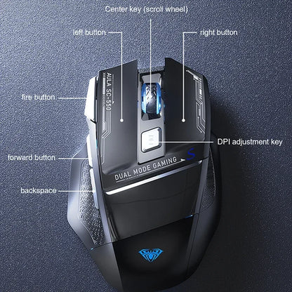 AULA SC550 bežični gaming miš, dvostruki način rada, punjivi svjetleći mehanički gaming miš za stolno/prijenosno računalo, e-sports USB miš