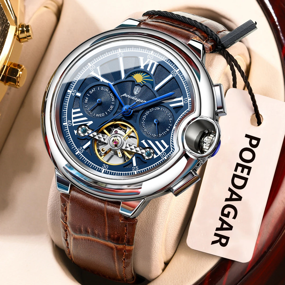 POEDAGAR men’s watch, luxury and professional style, with date and day display, tourbillon, stainless steel case, automatic mechanical movement and water resistance.