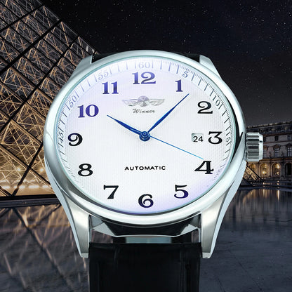Montre classique pour homme – Style rétro avec calendrier et aiguilles bleues, mouvement mécanique automatique, marque de prestige, boîtier en acier et bracelet en cuir