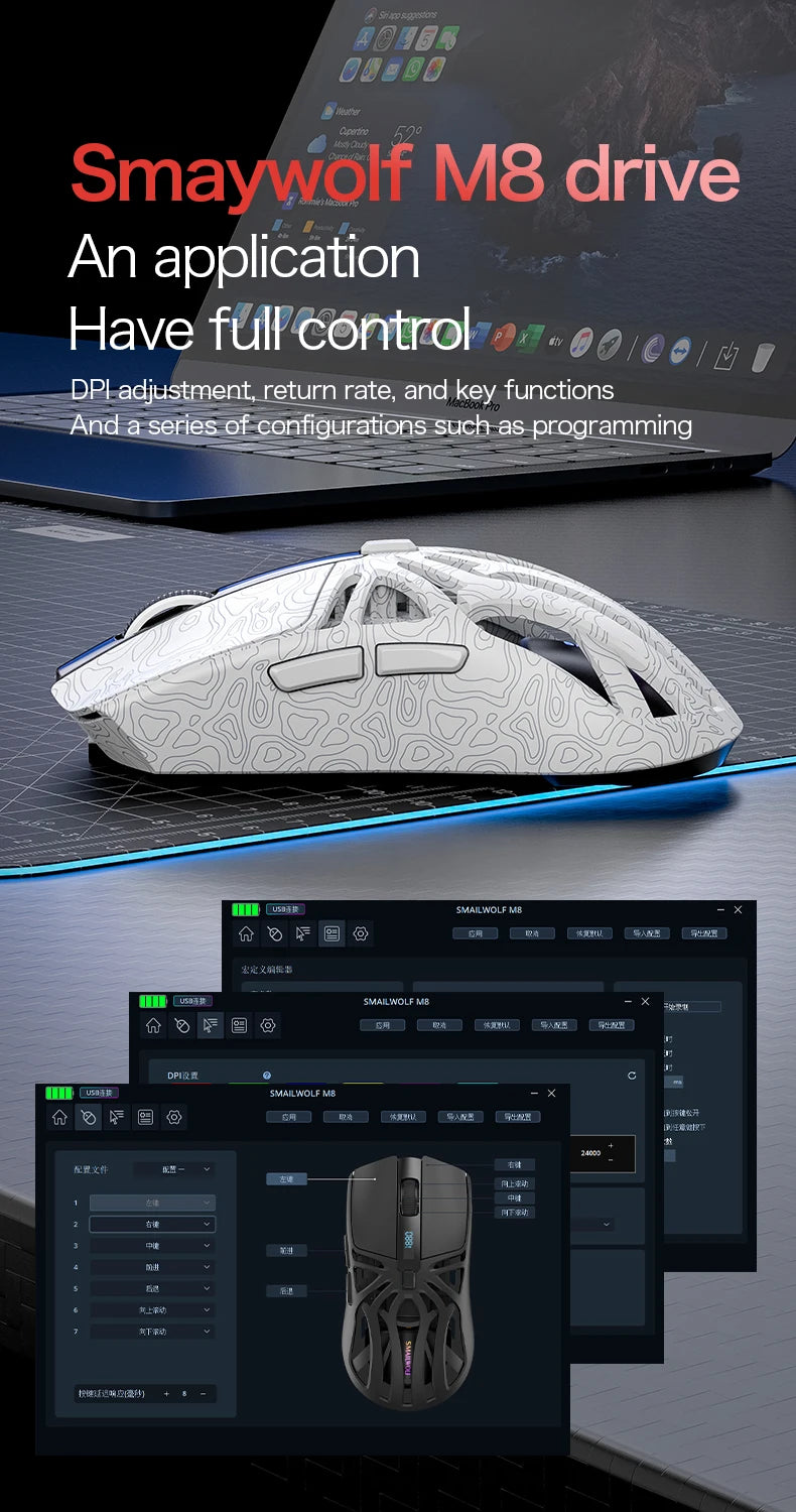 SMAILWOLF M8 Wireless Bluetooth Tri-Mode Mouse Lightweight PAW3311 Gaming RGB Magnetic Charging 12000dpi Gaming Mouse