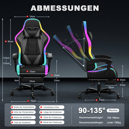 Devoko fabric gaming chair with LED lighting Comfortable ergonomic design with footrest and height adjustable headrest