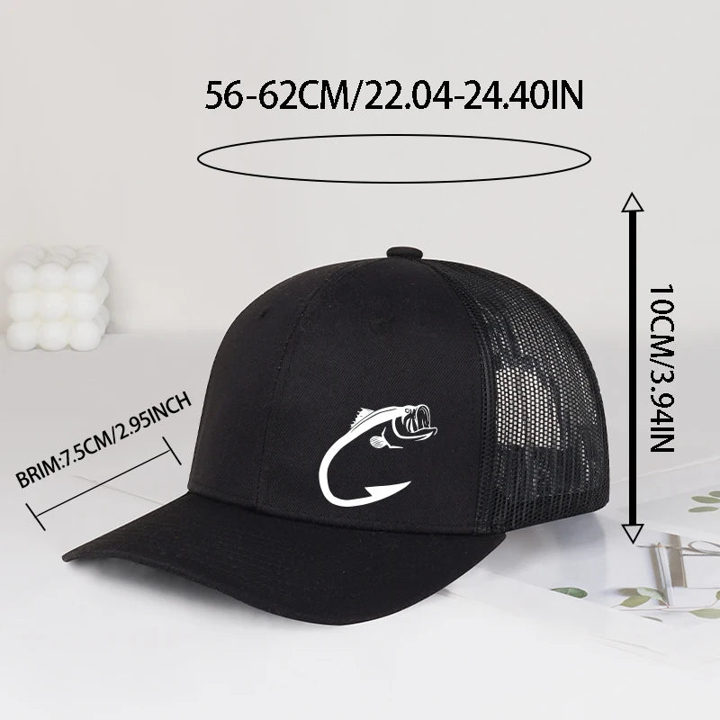 Bass Fish Hook Print Trucker Hat Adjustable Unisex Mesh Fishing Fan Sun Hat