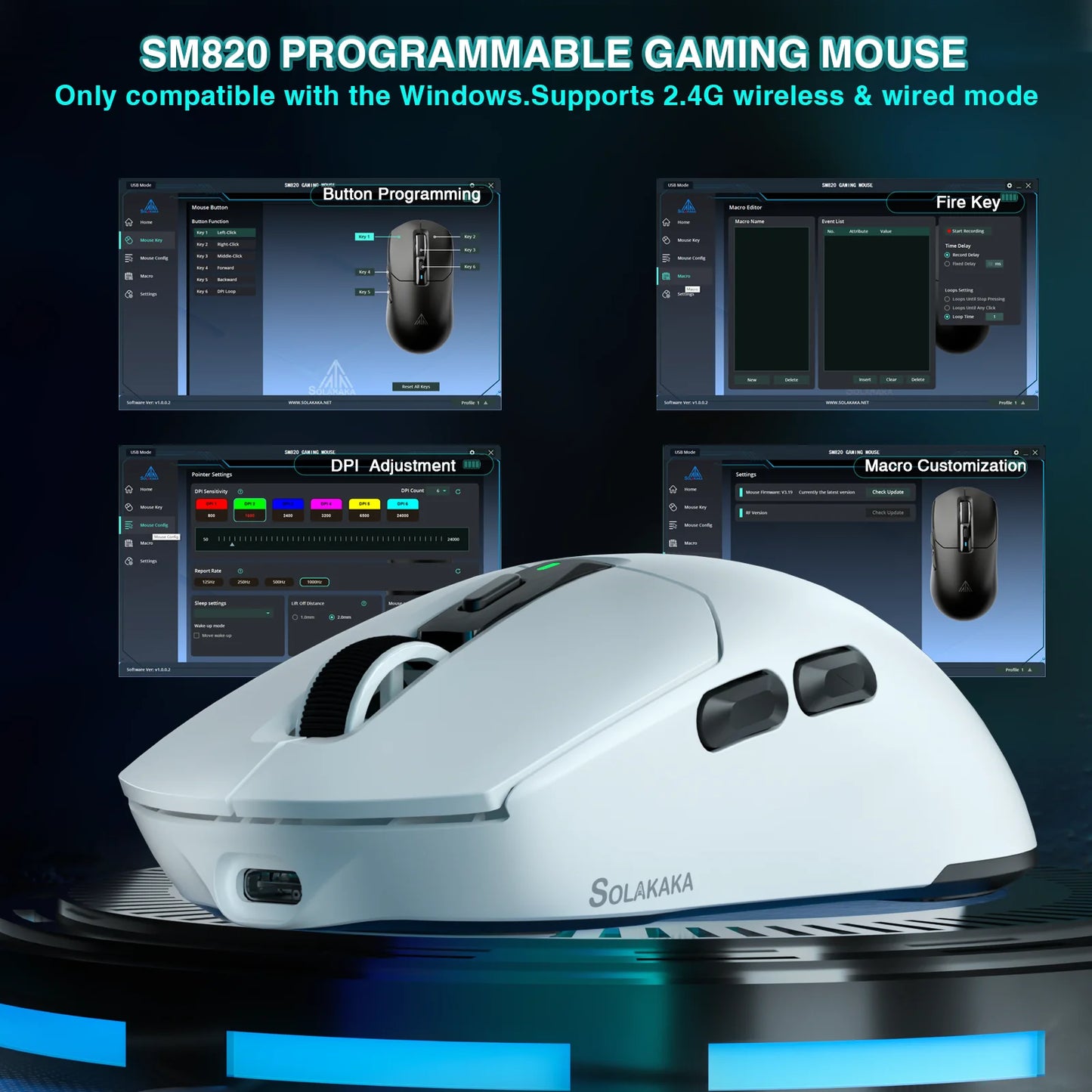 SOLAKAKA SM820 trådlös mus i tre lägen med magnetisk laddningsdocka, RGB, PAW3311, 24000DPI, trådlös makro-gamingmus, ultralätt