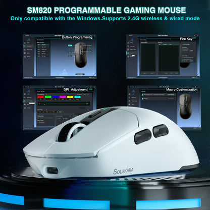 SOLAKAKA SM820 trådlös mus i tre lägen med magnetisk laddningsdocka, RGB, PAW3311, 24000DPI, trådlös makro-gamingmus, ultralätt