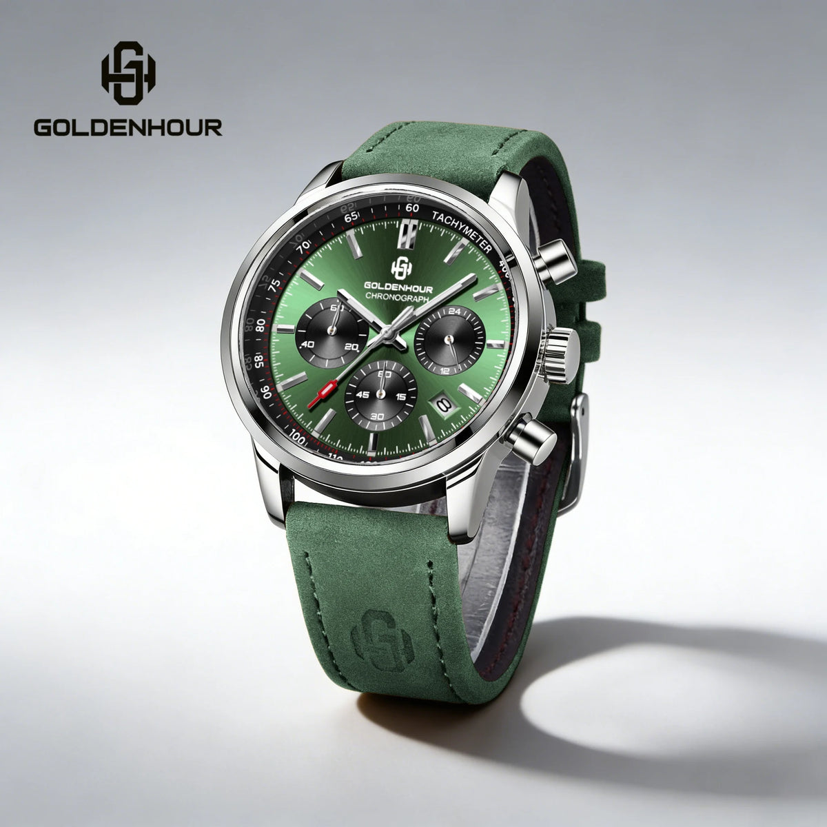 Reloj de lujo para hombre GOLDENHOUR: cronógrafo de cuarzo, esfera verde, correa de piel, resistente al agua, luminiscente, estilo militar y deportivo