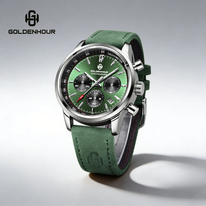 Reloj de lujo para hombre GOLDENHOUR: cronógrafo de cuarzo, esfera verde, correa de piel, resistente al agua, luminiscente, estilo militar y deportivo