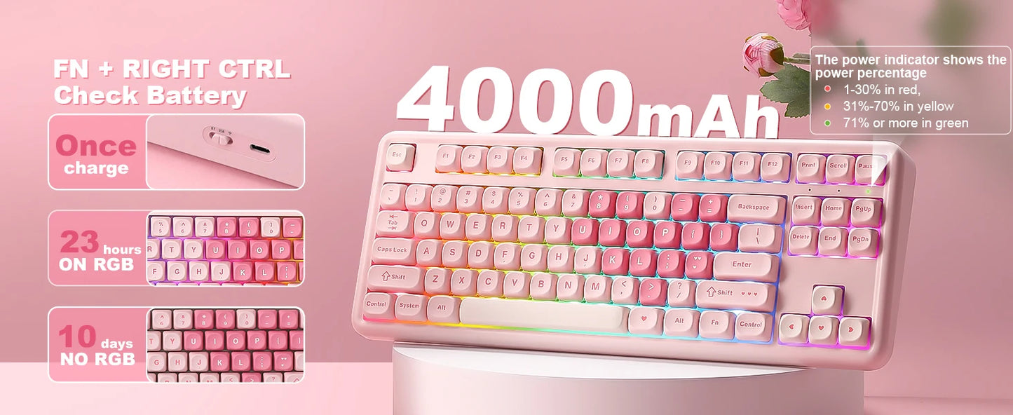YUNZII B87 Pink Mechanical Gaming Keyboard, QMK/VIA Custom Gasket RGB Keyboard, Wireless Aesthetic Keeb, Wrist Rest for Win/Mac