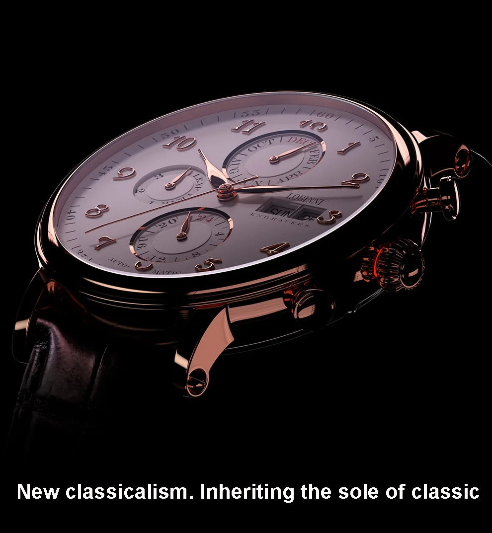 Relógio masculino mecânico automático LOBINNI Luxury Brand Switzerland com calendário perpétuo, vidro de safira e mostrador multifunções L13019-8