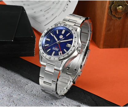 Relógio de Luxo para Homem San Martin 39mm com Mostrador em Pedra Aventurina, NH34 GMT Automático Mecânico, Safira, Impermeável e Luminescente SN0129