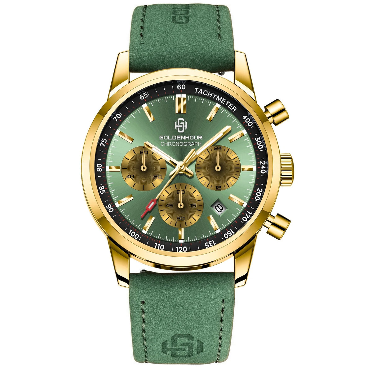 Reloj de lujo para hombre GOLDENHOUR: cronógrafo de cuarzo, esfera verde, correa de piel, resistente al agua, luminiscente, estilo militar y deportivo
