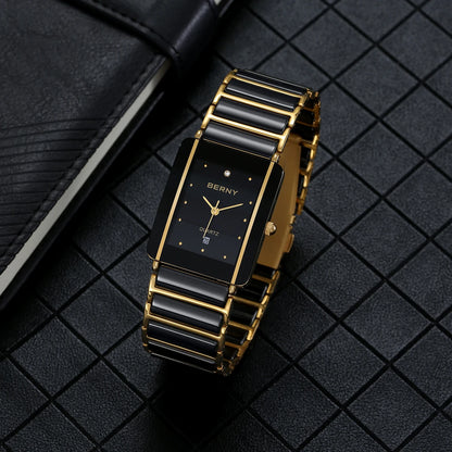 BERNY Ceramic Quartz Men Watch Fashion Luxury Rectangle Wristwatch XV12 Waterproof Calendar Diamon Black Gold Couple Gifts Watch