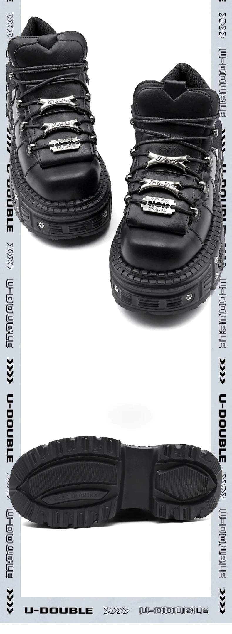 Damskor i punkstil, snörning, klackhöjd 6 cm, platåskor, gotiska ankelstövlar för kvinnor, rockstövlar, metalldekor, damsneakers