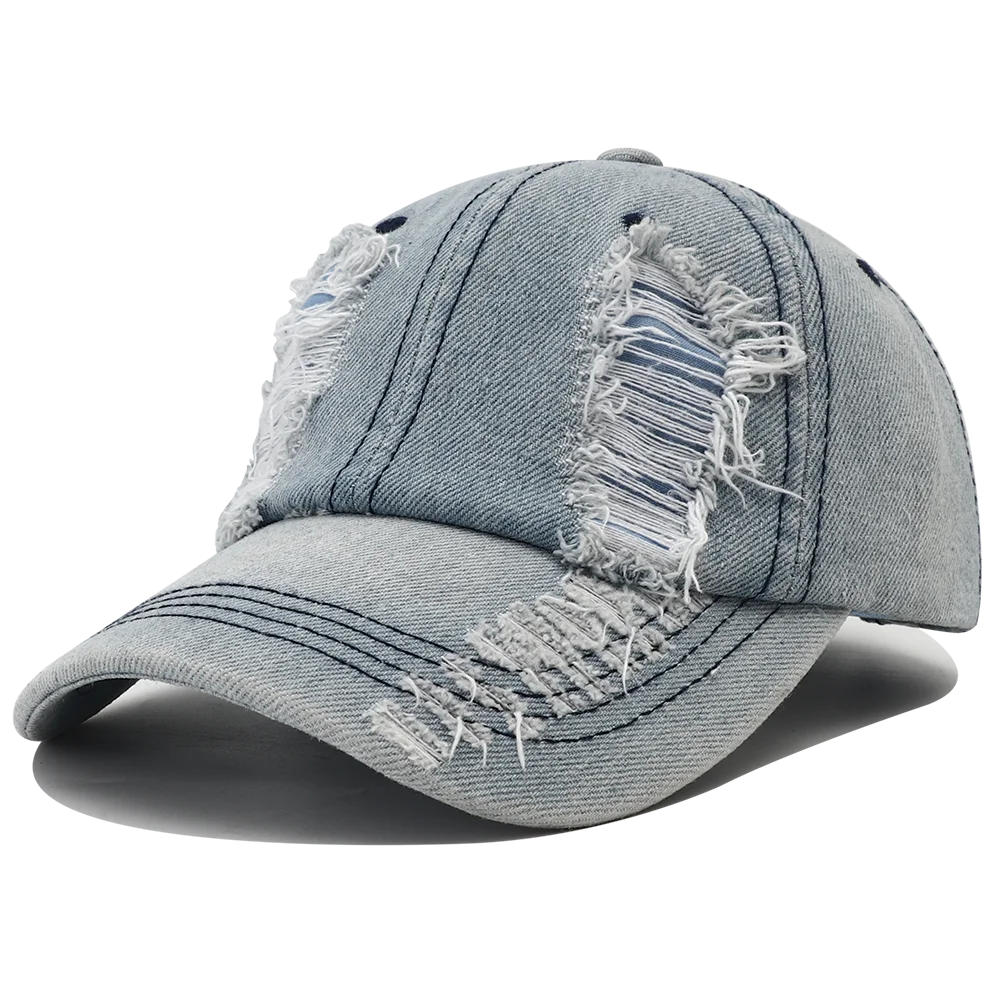 Gorra de béisbol rasgada de color liso, gorra snapback de denim lavado, estilo hip hop, transpirable, ropa urbana, gorras desgastadas para mujer y hombre