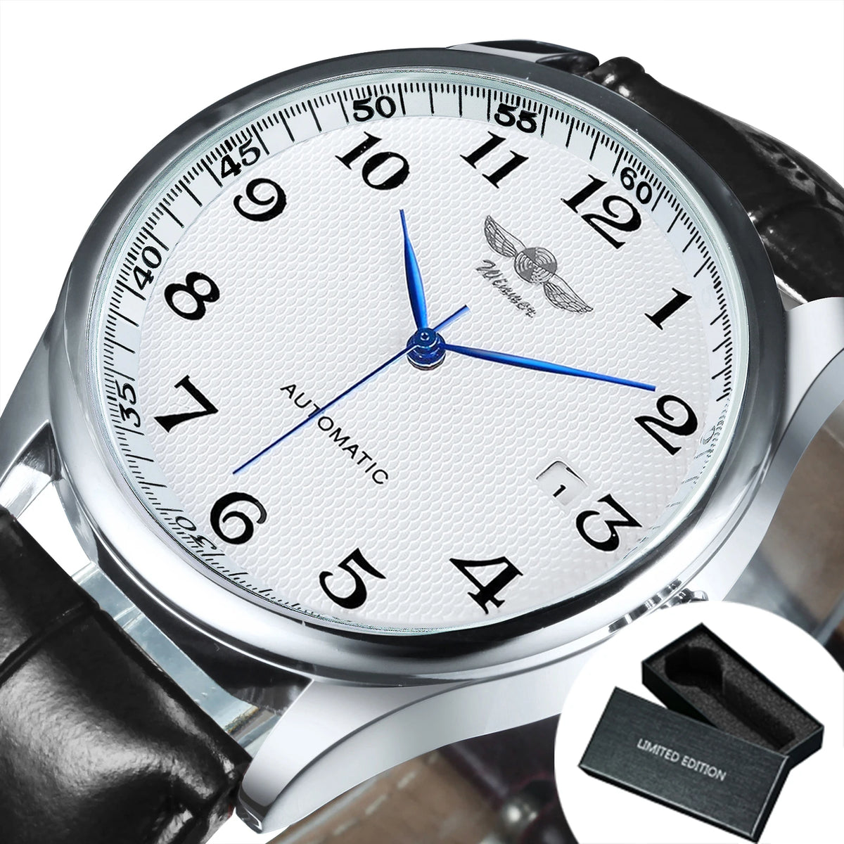 Montre classique pour homme – Style rétro avec calendrier et aiguilles bleues, mouvement mécanique automatique, marque de prestige, boîtier en acier et bracelet en cuir