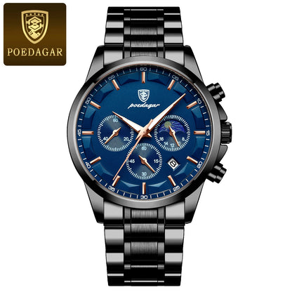 Luxe herenpolshorloge van POEDAGAR, militaire stijl, waterdicht, verlicht, chronograaf, roestvrij staal, quartz, inclusief doos.