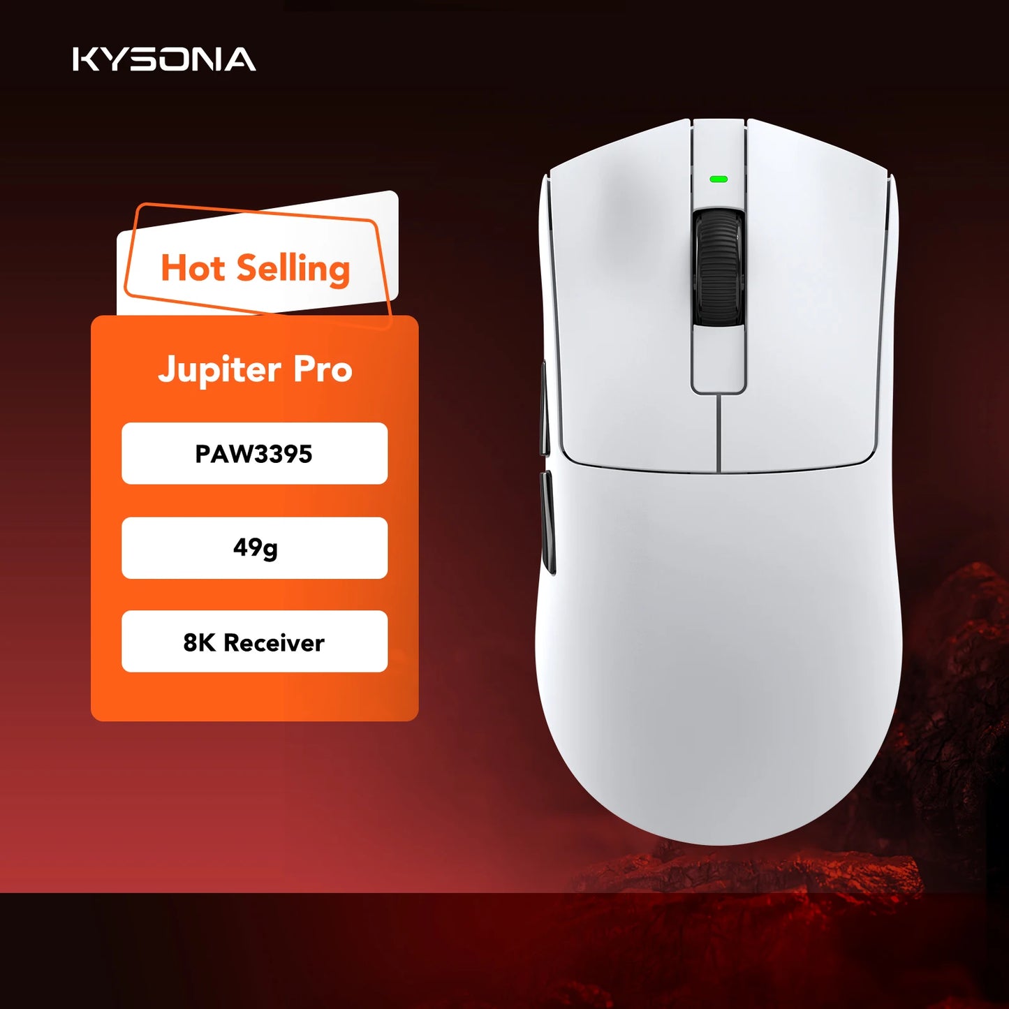 Mouse de gaming KYSONA Jupiter Series cu fir și wireless, 8Khz, senzor PAW3950, Bluetooth, 46g, reîncărcabil, driver web pentru PC și laptop