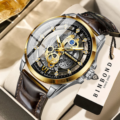 Montre-bracelet à quartz vintage ajourée BINBOND pour homme, lumineuse, étanche, précise et durable, style décontracté.