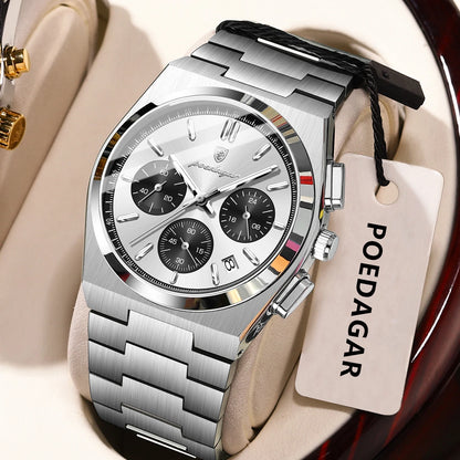 Montre pour homme POEDAGAR – Chronographe de luxe en acier inoxydable, avec date, étanche et luminescente – Montre-bracelet sportive à quartz