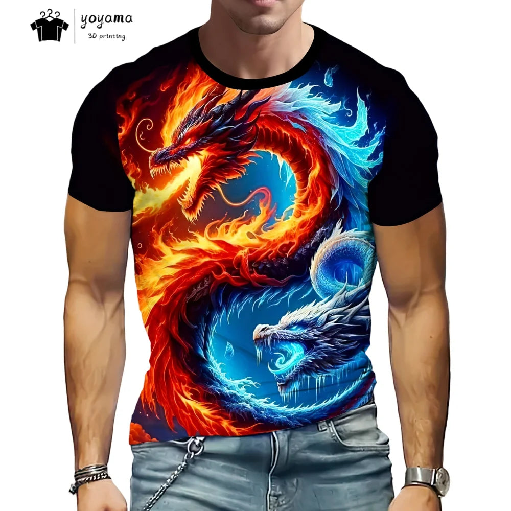 Men's t-shirts Dragon Pattern Short Sleeve Tee Fashion Street O-Neck Top Trend Animal 3D Printing Loose Versatile Men's Clothing