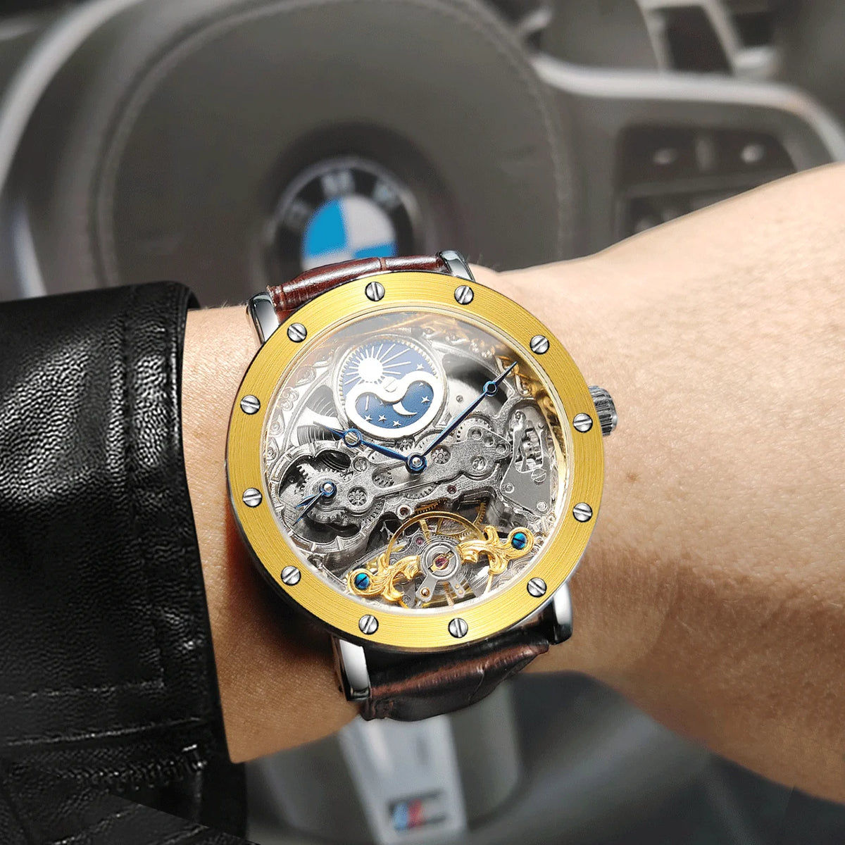 Męski zegarek na rękę SKROX z mechanizmem automatycznym, model szkieletowy z funkcją GMT, fazami księżyca i tourbillonem – elegancki i oryginalny zegarek luksusowy z najwyższej półki.