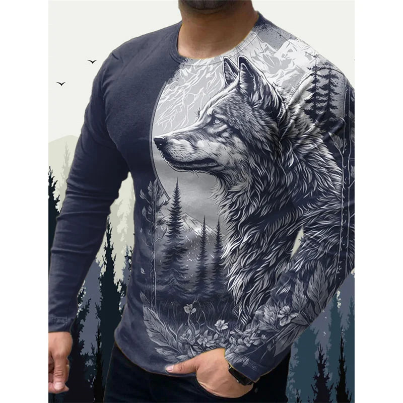 3D-printet Wolf Eagle T-shirt til mænd – T-shirts med vintage dyremønster – forår/efterår – langærmede T-shirts med rund hals – løse street-T-shirts