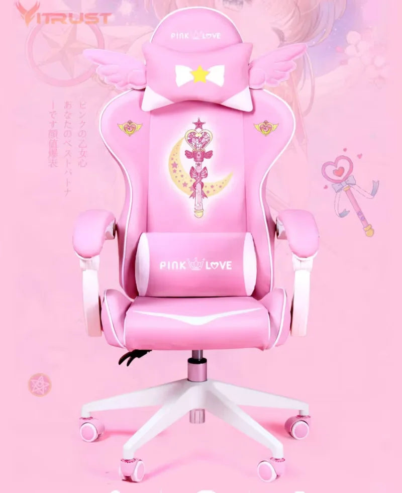 Pink Gaming Chair for Girls, Cute Comfortable Gaming Chair with Armrests, Swivel Height Adjustable Gamer Chair for Bedroom, Office & Streaming