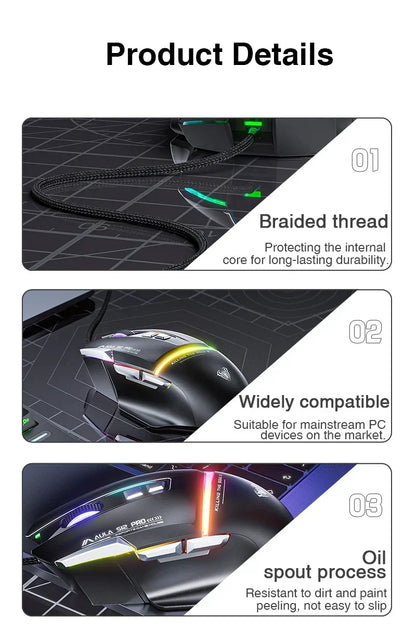 AULA S12Pro káblová mechanická myš 1000HZ 12800DPI RGB s nízkou latenciou, programovateľnými makrami – e-športová herná myš, príslušenstvo pre PC hráčov