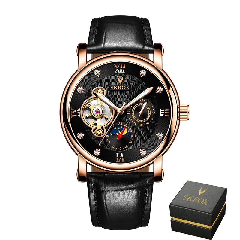 Montre mécanique automatique de luxe pour homme, signée par une grande marque, dotée d'un tourbillon, d'une phase de lune et de diamants – une montre-bracelet élégante.
