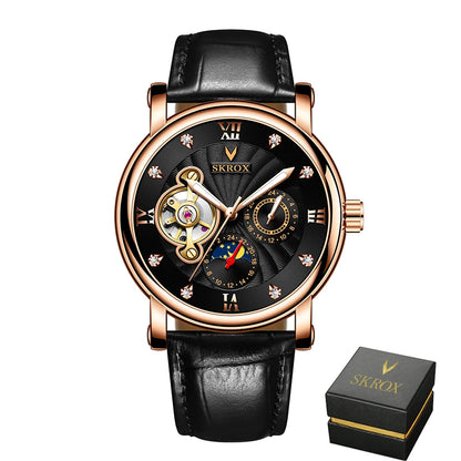 Montre mécanique automatique de luxe pour homme, signée par une grande marque, dotée d'un tourbillon, d'une phase de lune et de diamants – une montre-bracelet élégante.
