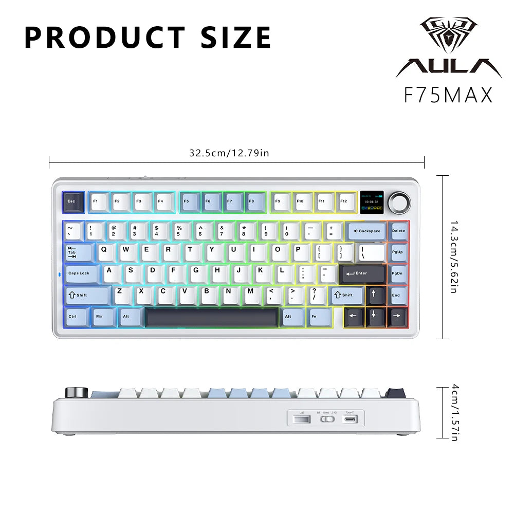 AULA F75 MAX Gaming Mechanical Keyboard 75% Wired/Bluetooth/2.4G Hot-Swap RGB E-sports Keyboard with TFT Screen for PC/Mac  ﻿