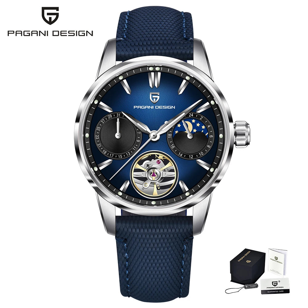 PAGANI DESIGN – Luxe mechanisch herenhorloge, 41 mm, saffierglas, leren band, waterdicht, pilotenstijl, met tourbillon en maanfase