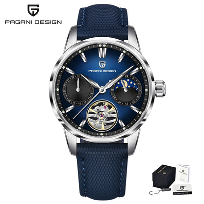 PAGANI DESIGN – Luxe mechanisch herenhorloge, 41 mm, saffierglas, leren band, waterdicht, pilotenstijl, met tourbillon en maanfase