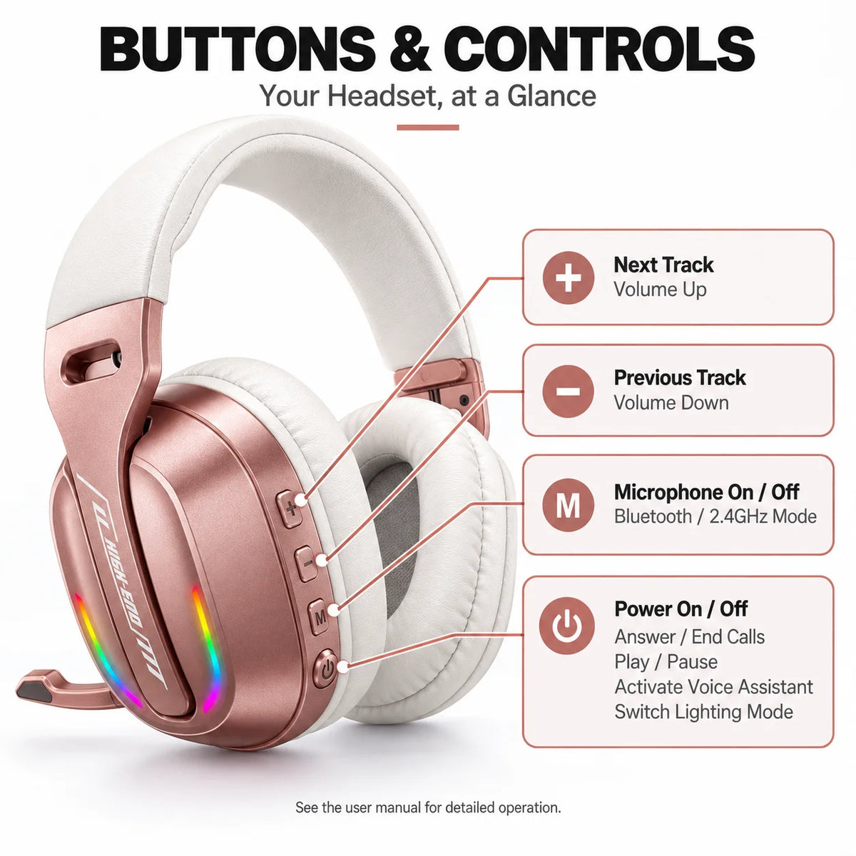 Casque de jeu, casque supra-auriculaire Bluetooth et filaire avec éclairage RGB, microphone, coussinets d’oreille souples pour jeux sur PC et mobile, couleur or rose.