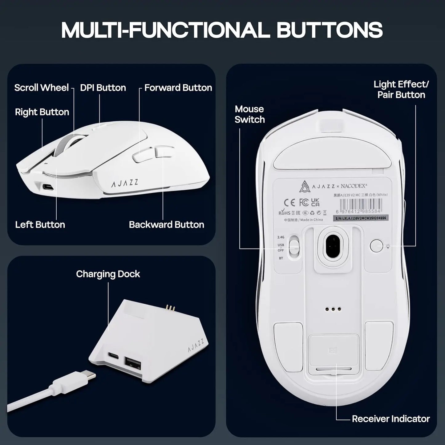 Bezdrátová herní myš AJAZZ AJ139 V2 MC/AJ139 PRO se senzorem PAW3311/PAW3395, 12000DPI/26000DPI, 500mAh, Bluetooth myš pro PC