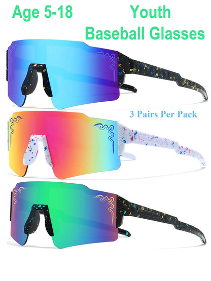 3 Pairs  Age 5-18 Youth Baseball Sunglasses Boys Girls Glasses Outdoor Sport Cycling Goggles Children Kids Softball Shades