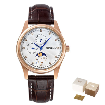 BERNY Men's Watch Date Weeks Moon Phase Quartz Watches for Men Stainless Steel Leather Strap Business Wristwatch Male Clock