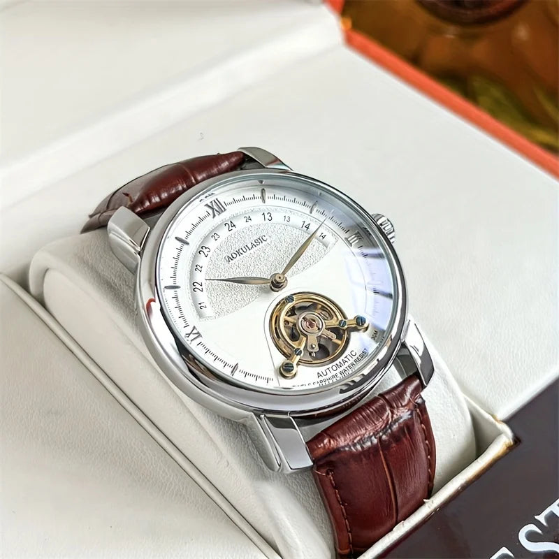 Montre mécanique automatique pour homme – Design squelette élégant, style « business casual » tendance, boîtier en alliage et bracelet en cuir, sans pile