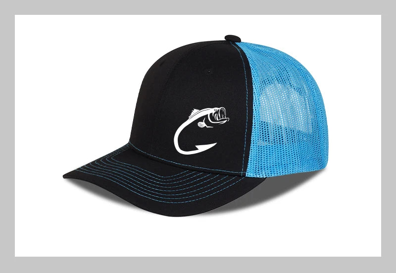 Bass Fish Hook Print Trucker Hat Adjustable Unisex Mesh Fishing Fan Sun Hat