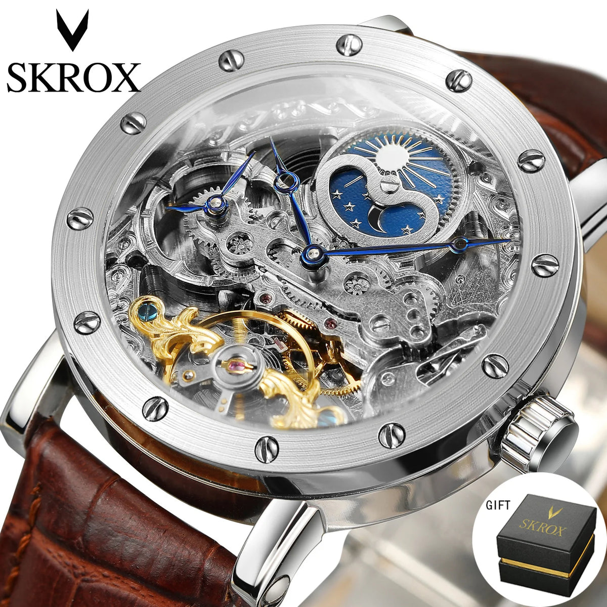 Męski zegarek na rękę SKROX z mechanizmem automatycznym, model szkieletowy z funkcją GMT, fazami księżyca i tourbillonem – elegancki i oryginalny zegarek luksusowy z najwyższej półki.