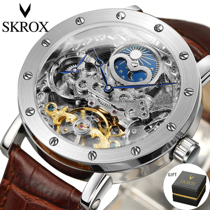 Męski zegarek na rękę SKROX z mechanizmem automatycznym, model szkieletowy z funkcją GMT, fazami księżyca i tourbillonem – elegancki i oryginalny zegarek luksusowy z najwyższej półki.