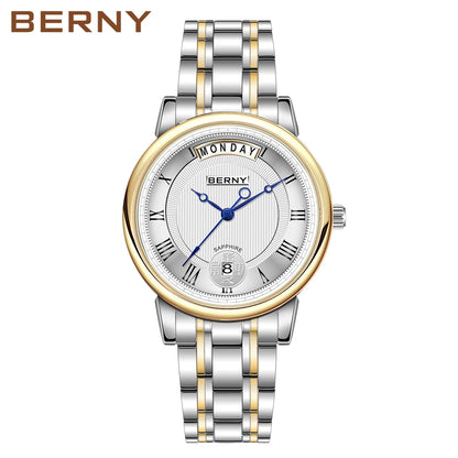 BERNY Women Watch Ladies Quartz Roman Numerals Day Top Calendar Watches Sapphire Glass Solid Steel Strap Women Wristwatch