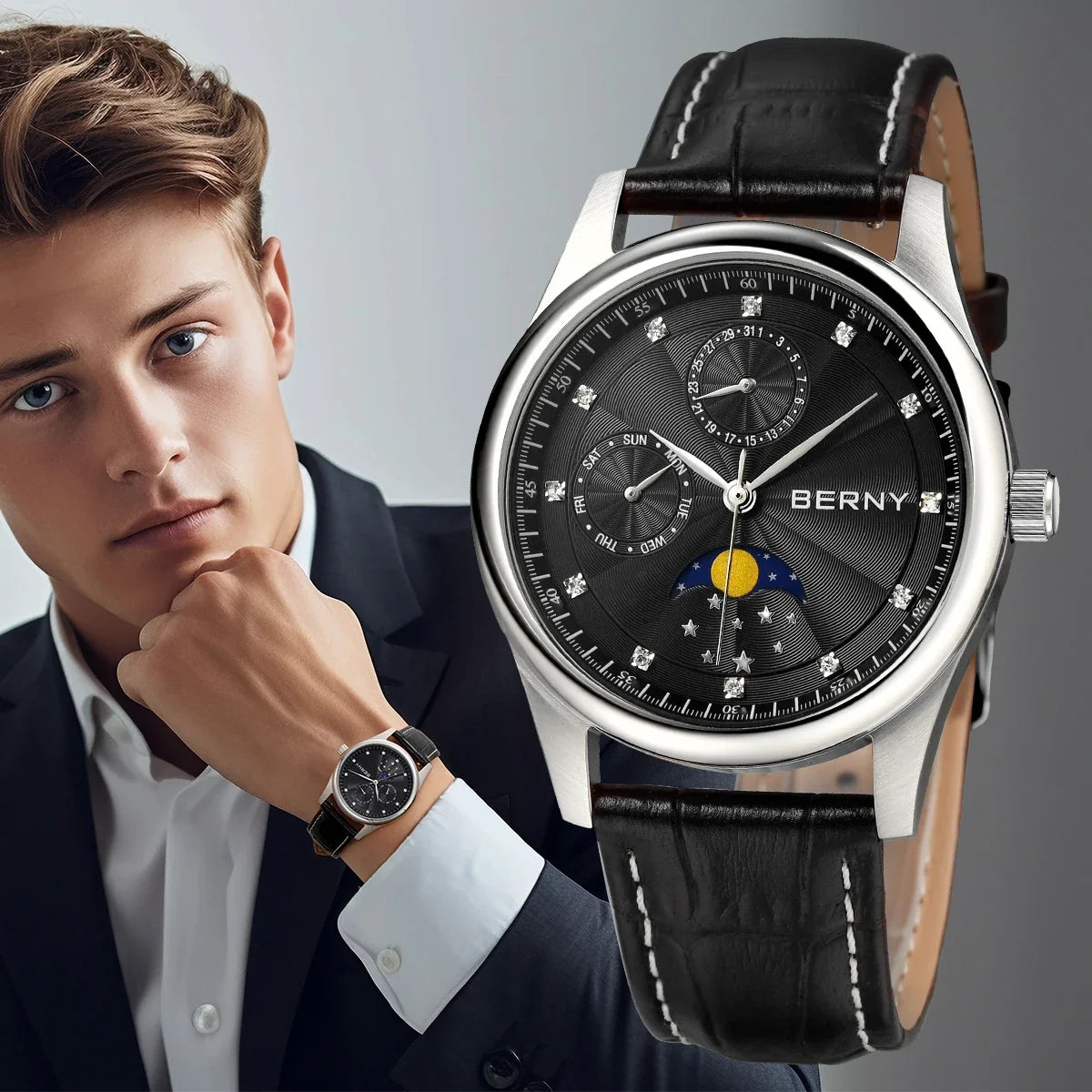 BERNY Men's Watch Date Weeks Moon Phase Quartz Watches for Men Stainless Steel Leather Strap Business Wristwatch Male Clock
