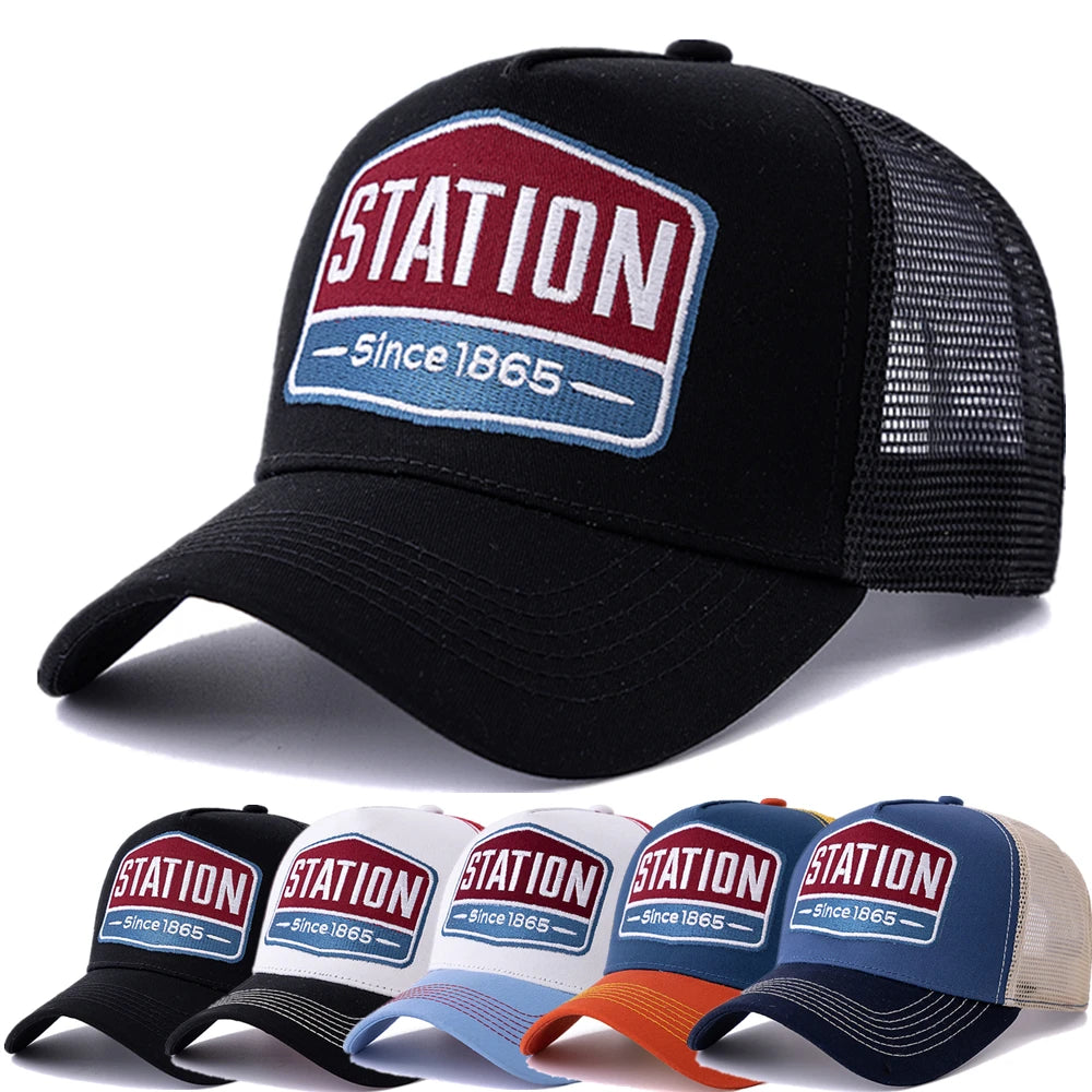 Unisex Baseball Cap Classic STATION Letter Pattern Mesh Cap Men And Women Breathable Streetwear Summer Trucker Hat