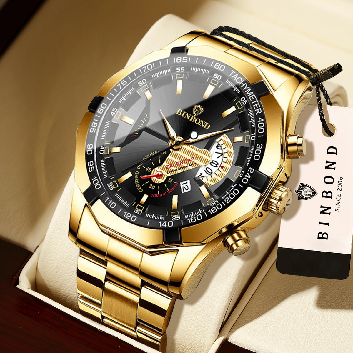 Montre-bracelet à quartz de luxe BINBOND pour homme, lumineuse, étanche, date automatique, en acier inoxydable