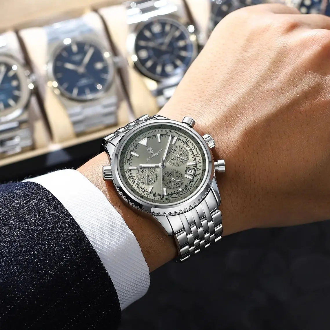 POEDAGAR Fashion Men's Quartz Watch Stainless Steel Waterproof Luminous Man Watch Chronograph Date Multifunction Watches For Men